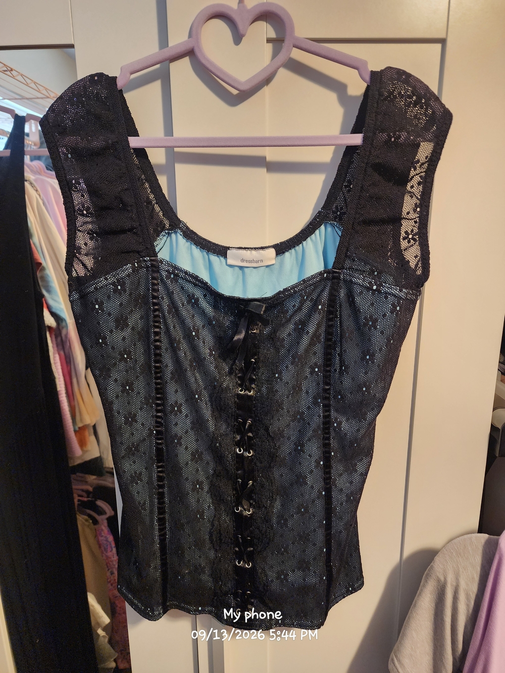 dressbarn Black Lace Corset-Style Camisole with Light Blue Lining